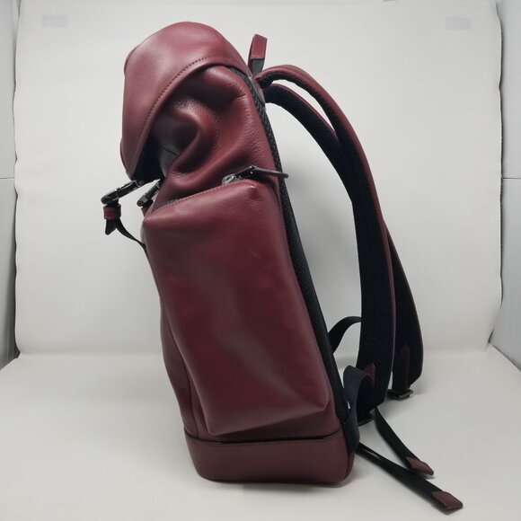 COACH Men's Burgundy Red & Black Leather Metal Buckle Drawstring Laptop Backpack - Picture 14 of 16
